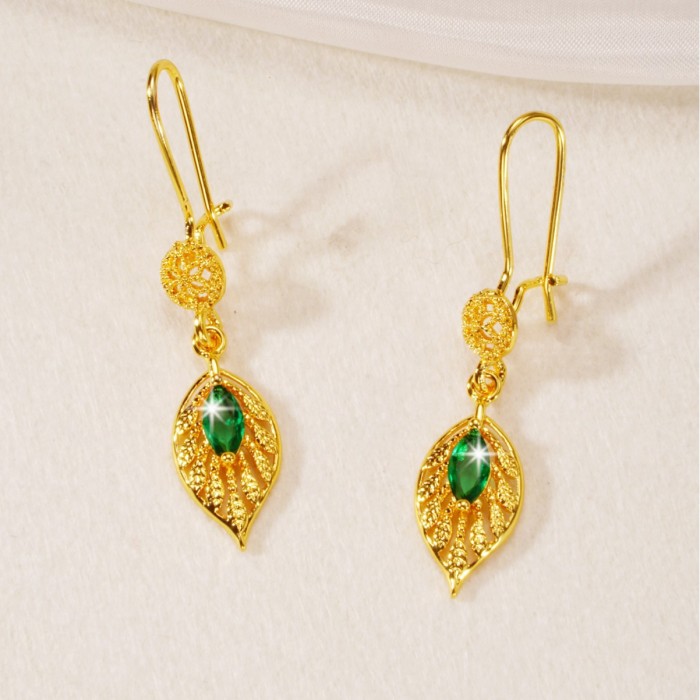 Leaf Emerald Green Earrings for Women, European Vintage Fashion Jewelry Wholesale