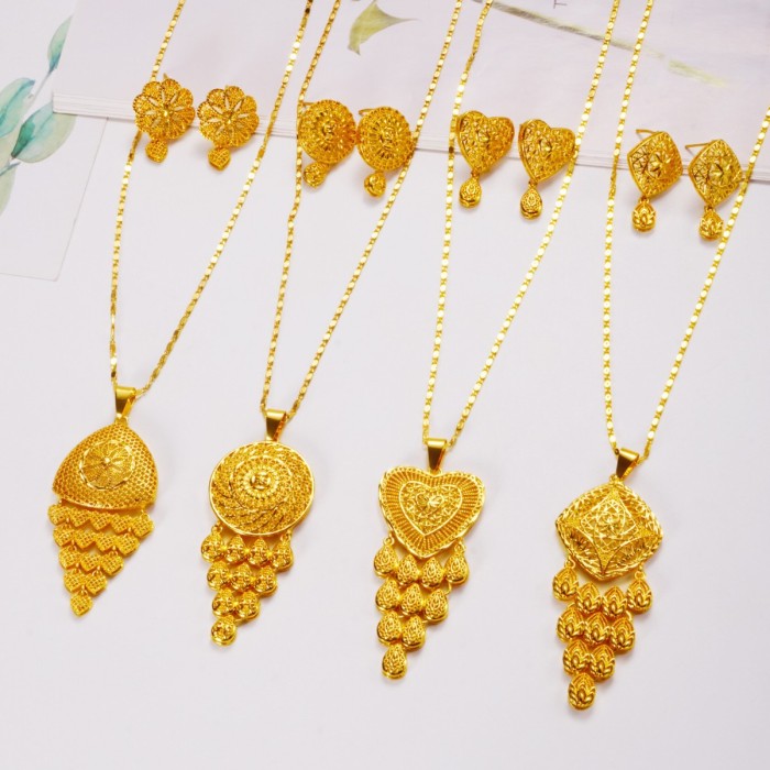 Hollow-Out Brass Gold Plated Bridal Jewelry Set for Women, Dubai Indian Jewelry Wholesale