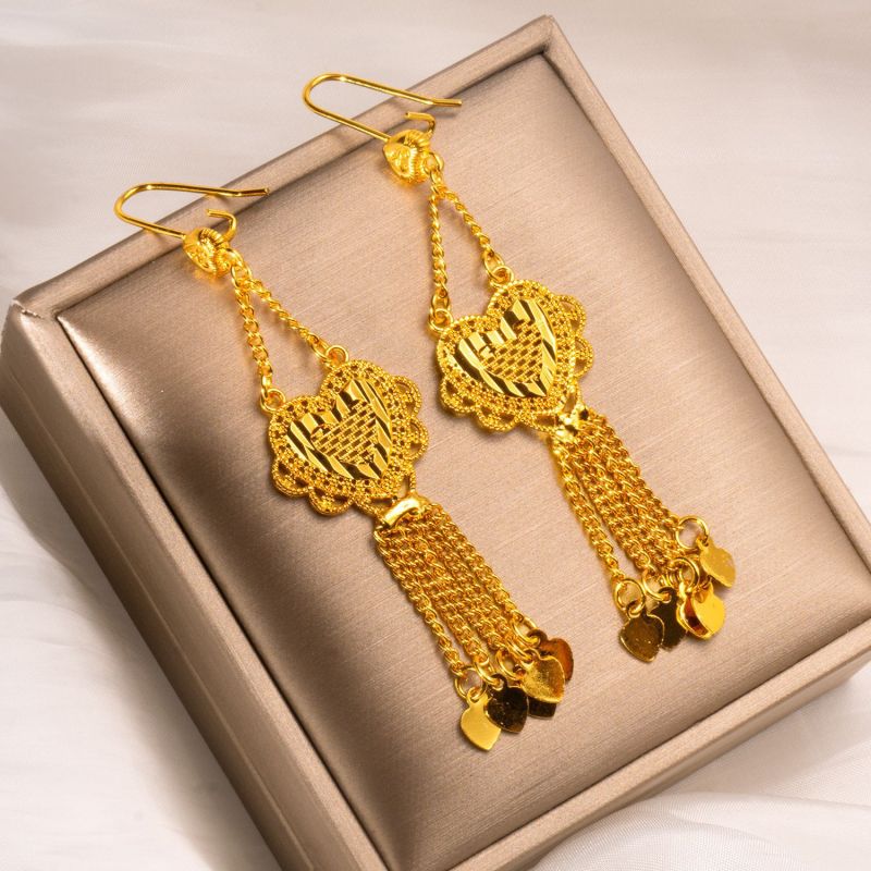 Tassel Heart Brass Gold Plated Bridal Earrings for Women, Dubai Vietnamese Luxury Fashion Jewelry Wholesale