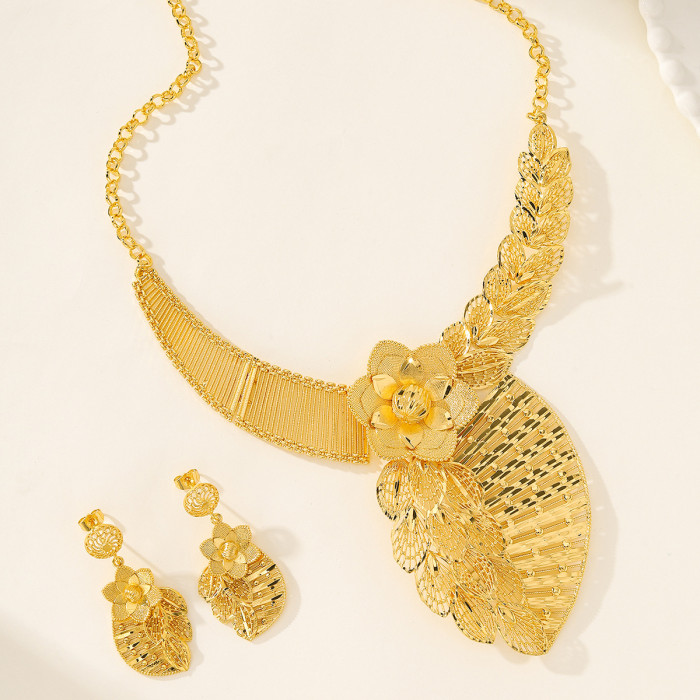 Flower Brass Gold Plated Bridal Jewelry Set for Women, Middle East Fashion Jewelry Wholesale