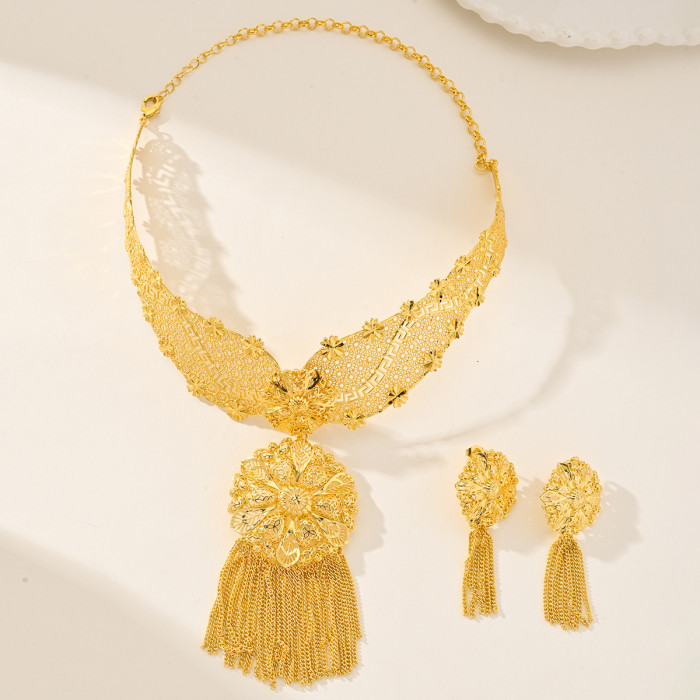 Tassel Flower Brass Gold Plated Jewelry Set for Women, Dubai Saudi Jewelry Wholesale