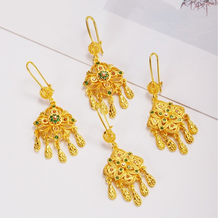 Tassel Gold Plated Earrings for Women, Dubai Middle East Ethnic Royal Jewelry Wholesale