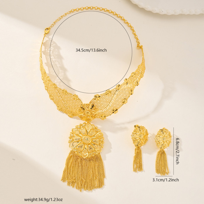 Tassel Flower Brass Gold Plated Jewelry Set for Women, Dubai Saudi Jewelry Wholesale