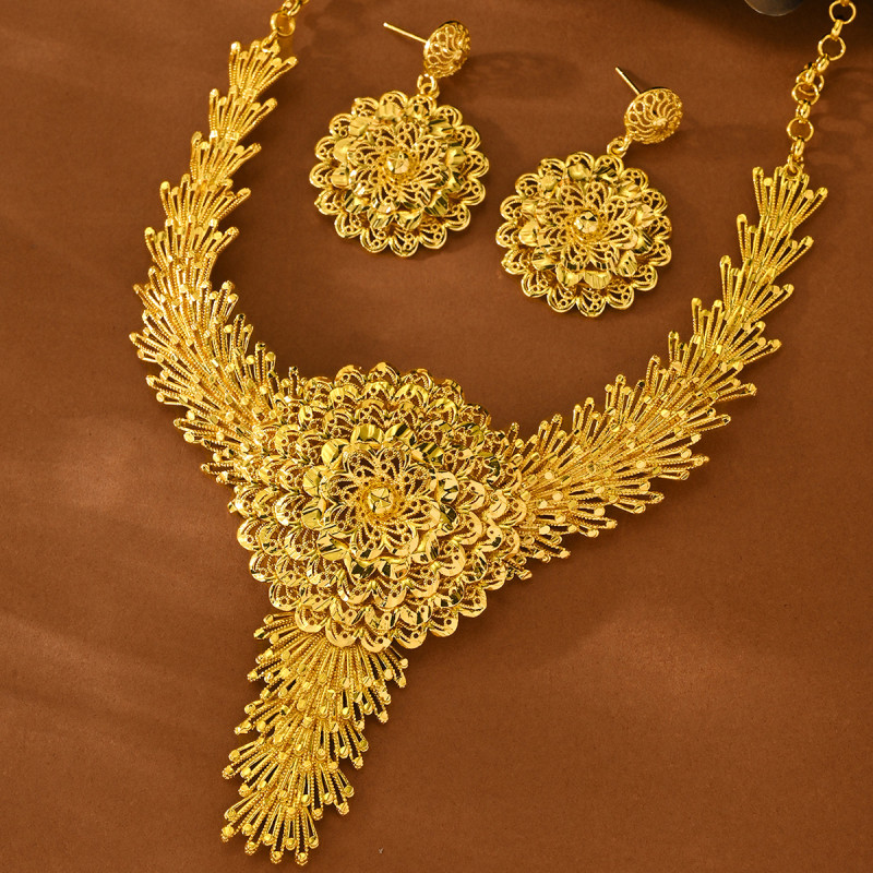 Flower Brass Gold Plated Bridal Jewelry Set for Women, European Fashion Jewelry Wholesale