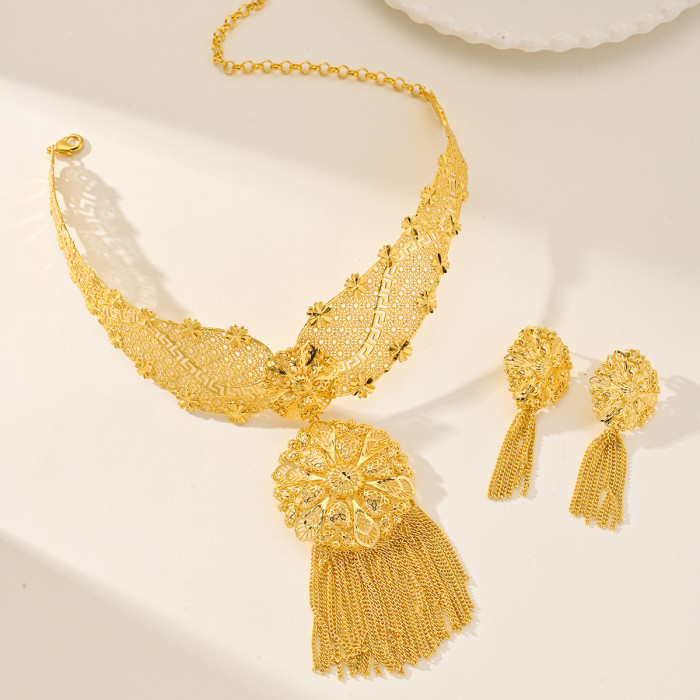 Tassel Flower Brass Gold Plated Jewelry Set for Women, Dubai Saudi Jewelry Wholesale