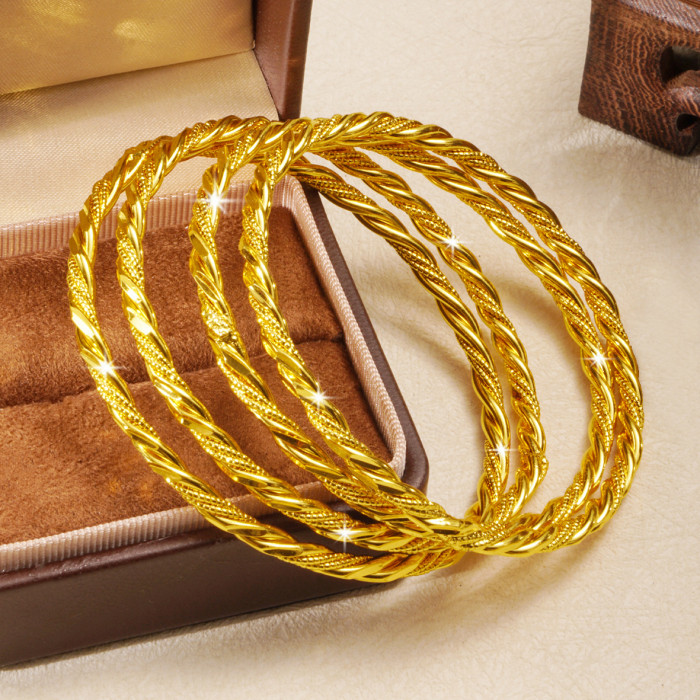 Twisted Rope Closed Cuff Brass Gold Plated Bangle Bracelet for Women, Middle East Vintage Niche Jewelry Wholesale