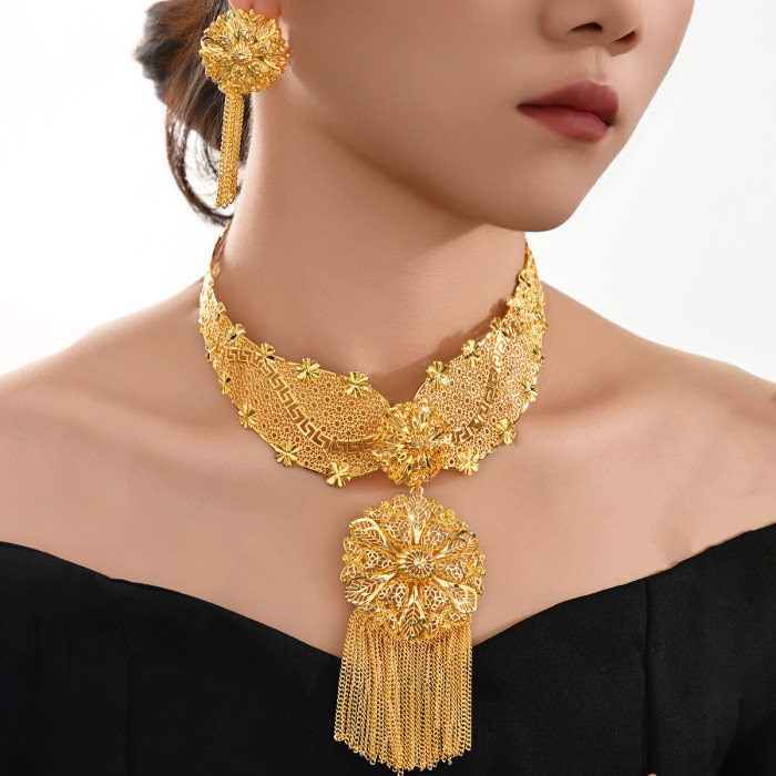 Tassel Flower Brass Gold Plated Jewelry Set for Women, Dubai Saudi Jewelry Wholesale