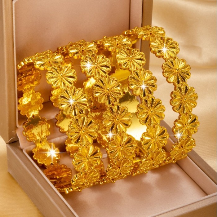 Flower Brass Gold Plated Bangle Bracelet for Women, Dubai European Niche Versatile Jewelry Wholesale