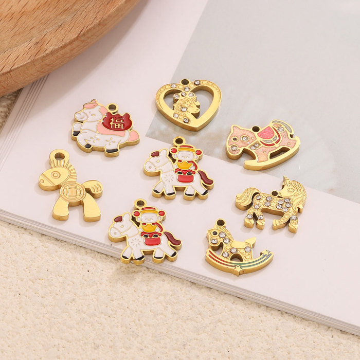 Horse Head Enamel Rhinestone Stainless Steel Pendant Charm, for DIY Necklace Making Wholesale Jewelry