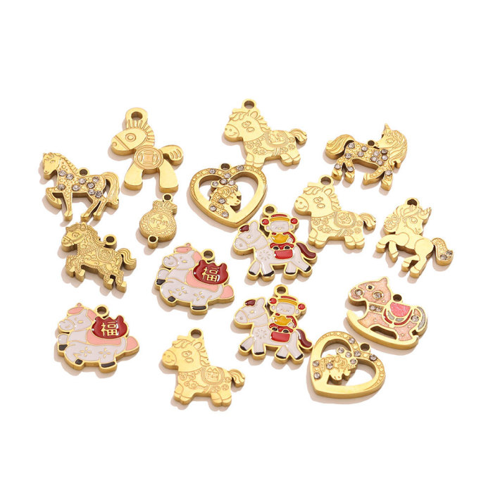 Horse Head Enamel Rhinestone Stainless Steel Pendant Charm, for DIY Necklace Making Wholesale Jewelry