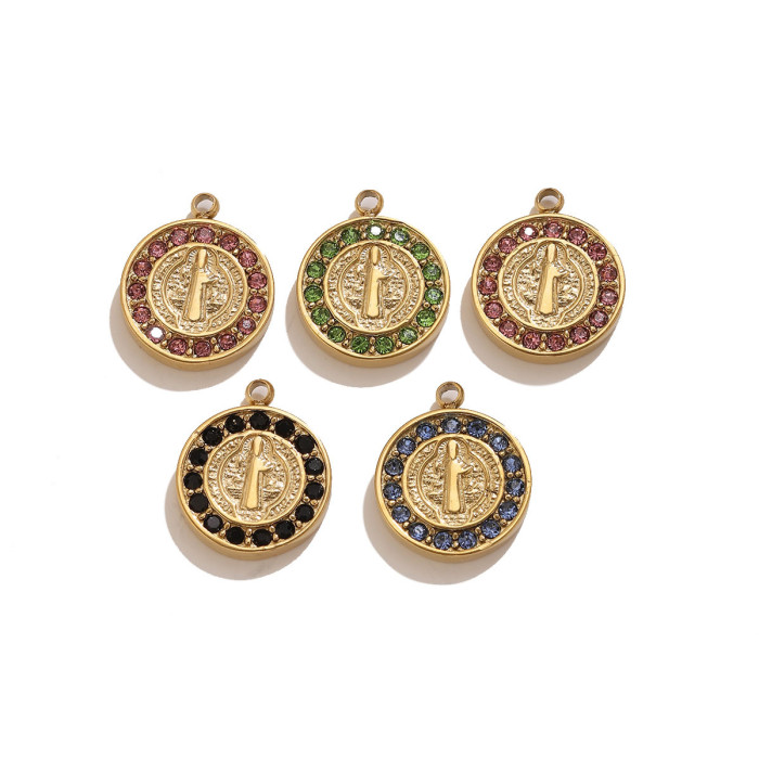 Round Rhinestone Stainless Steel Pendant Charm, for DIY Bracelet & Necklace Making Vintage Wholesale Fashion Jewelry