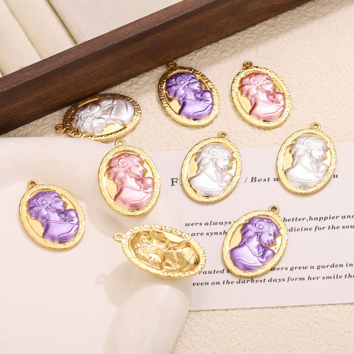 Embossed Oval Colorful Stainless Steel Pendant Charm, for DIY Earring & Bracelet & Necklace Making Vintage Wholesale