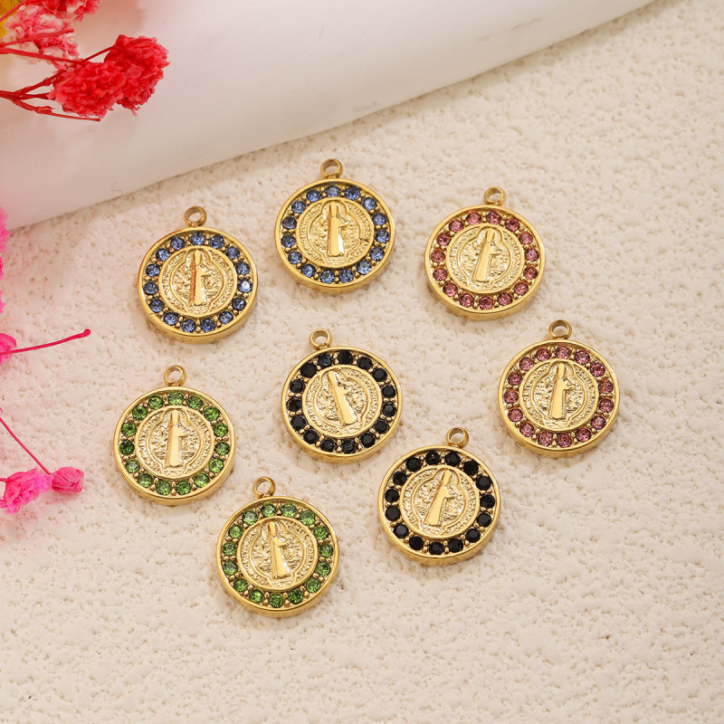 Round Rhinestone Stainless Steel Pendant Charm, for DIY Bracelet & Necklace Making Vintage Wholesale Fashion Jewelry