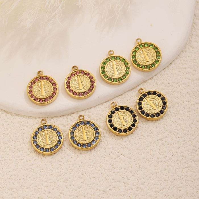 Round Rhinestone Stainless Steel Pendant Charm, for DIY Bracelet & Necklace Making Vintage Wholesale Fashion Jewelry