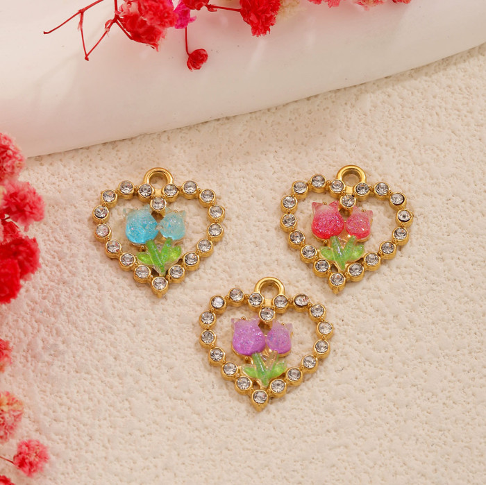 Heart Rhinestone Enamel Stainless Steel Pendant Charm, for DIY Bracelet & Necklace Making Wholesale Jewelry
