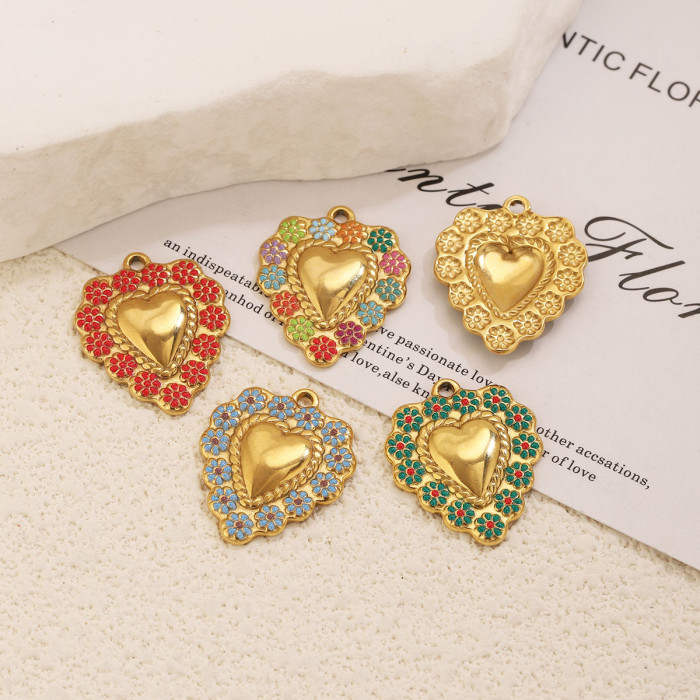 Heart Enamel Stainless Steel Pendant Charm, for DIY Bracelet & Necklace Making Ethnic Vintage Wholesale Jewelry