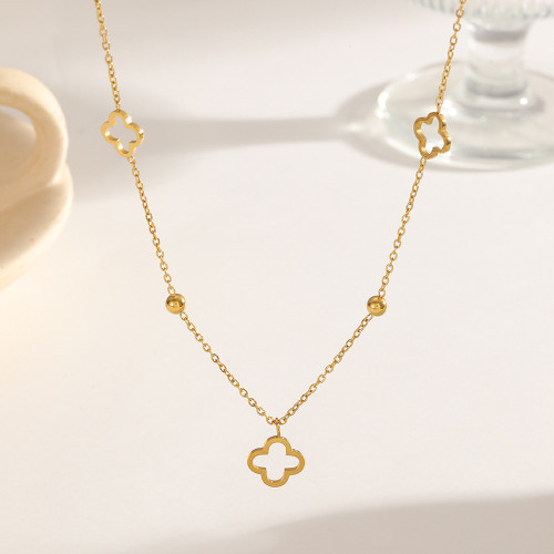 Hollow-Out Four-Leaf Clover Delicate Stainless Steel Necklace, for Her Minimalist Luxury Wholesale Jewelry