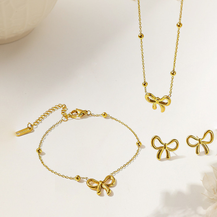 Bow Butterfly Round Stainless Steel Jewelry Set, for Her Minimalist Versatile Ideal Gift Wholesale