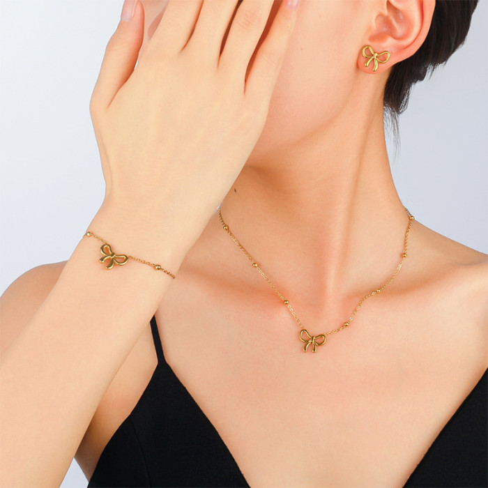 Bow Butterfly Round Stainless Steel Jewelry Set, for Her Minimalist Versatile Ideal Gift Wholesale