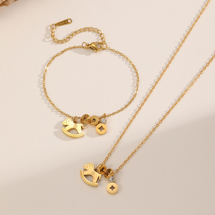 Horse Head Rhinestone Stainless Steel Jewelry Set, for Women Niche Versatile Daily Wear and Gifts Wholesale