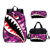 Camouflage Shark Print Kids Backpack Set With Lunch Bag Casual Teenager Daypack 3 In 1