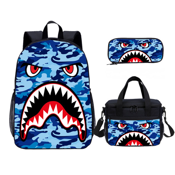 Camouflage Shark Print Kids Backpack Set With Lunch Bag Casual Teenager Daypack 3 In 1