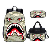 Camouflage Shark Print Kids Backpack Set With Lunch Bag Casual Teenager Daypack 3 In 1