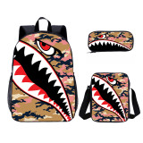 Wholesale 3 PCS School Bag Camouflage Shark Print Boy School Backpack Set