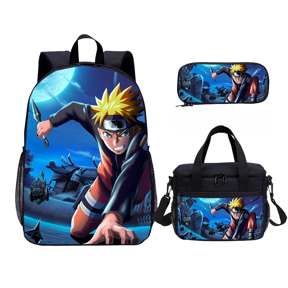 Naruto Print Kids Backpack Set With Lunch Bag Casual Teenager Daypack 3