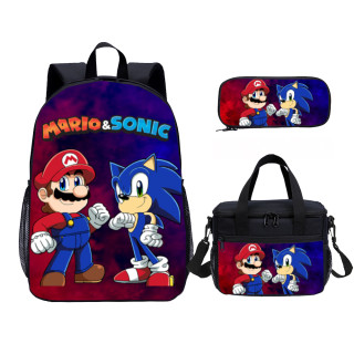 YOIYEN Mario VS Sonic Print Kids Backpack Set With Lunch Bag Casual Teenager Daypack 3 In 1