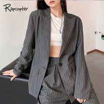 Rapcopter Striped Jackets Coat Oversize Outerwear Full Sleeve Outwear Pockets Office Top Women Streetwear Turn Down Collar Coat