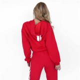 Autumn 2 Piece Trainning Set Women Sportswear Casual White Red Striped Pants Hooded Sweatshirt Fitness Clothing