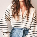 New Preppy Autumn 2020 Beige Knitted Sweater Women Button Oversize Pullover Sweater Vintage Striped Winter Casual Office Jumper