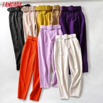 Tangada black suit pants woman high waist pants sashes pockets office ladies pants fashion middle aged pink yellow pants 6A22