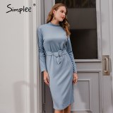 Simplee Straight Women Solid Warm Dress Knitted Long Sleeve Midi Dress Autumn Chic Streetwear Solid Belt Ladies Work Dress 2020
