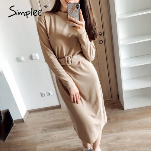 Simplee Straight Women Solid Warm Dress Knitted Long Sleeve Midi Dress Autumn Chic Streetwear Solid Belt Ladies Work Dress 2020