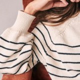 New Preppy Autumn 2020 Beige Knitted Sweater Women Button Oversize Pullover Sweater Vintage Striped Winter Casual Office Jumper