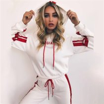 Autumn 2 Piece Trainning Set Women Sportswear Casual White Red Striped Pants Hooded Sweatshirt Fitness Clothing