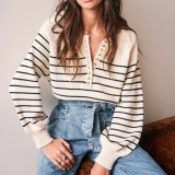 New Preppy Autumn 2020 Beige Knitted Sweater Women Button Oversize Pullover Sweater Vintage Striped Winter Casual Office Jumper