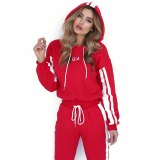 Autumn 2 Piece Trainning Set Women Sportswear Casual White Red Striped Pants Hooded Sweatshirt Fitness Clothing