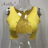 ArtSu Red Black White Metal Chain Sleeveless Crop Top Sexy Clubwear Women Adjustable Lace Up Hollow Out Tank Tops Tees Camisole