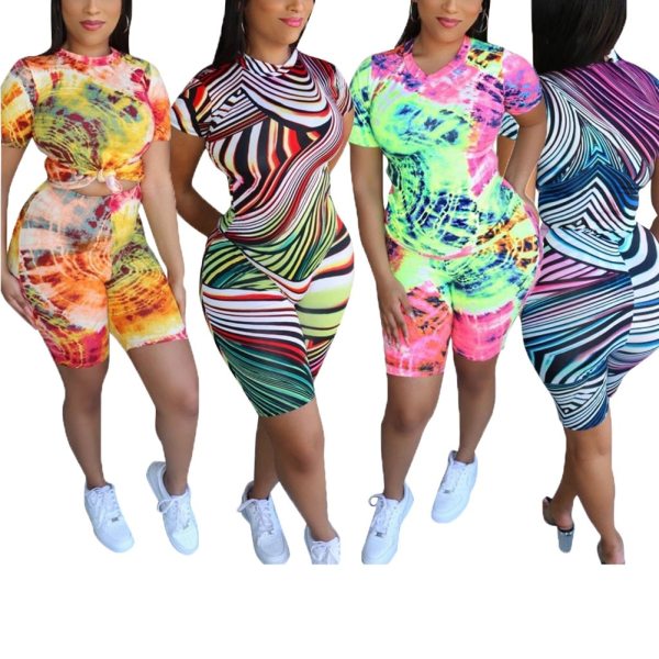 Women Tie Dye Casual Two-pieces Sportswear Female Fashion Short Sleeve+Shorts Tracksuits Bodycon Sport Summer Set Outfits