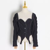 TWOTWINSTYLE Vintage Striped Coats For Women Square Collar Puff Long Sleeve Tunic Short Jackets Female Fashion 2020 Clothing New