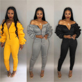 2020 Fashion Sexy Word Collar Pile Pile Sleeves Slim High Elastic Thick Space Layer Jumpsuit 20200215277