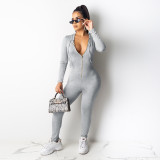 2020  Spring Fashionable Sexy Women's Casual Solid Color Zipper Hoodie V Neck  Long Sleeve Jumpsuit 202002046285