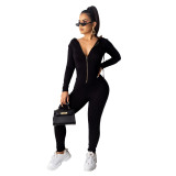 2020  Spring Fashionable Sexy Women's Casual Solid Color Zipper Hoodie V Neck  Long Sleeve Jumpsuit 202002046285