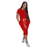 2020 Casual Elastic Waist Solid Color Round Neck Short Sleeve T-shirt Skirt Pencil Skirt Summer 20200425092