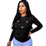 2020 Autumn Women Sweater Wool Nail Bead Bee Round Collar Long Sleeve Casualness 202004226105