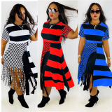 2020 Fashion Casual Black and White Striped Digital Print Fringe Ladies Short Sleeve Dress 202003285080