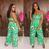 2020 One-piece Green Sleeveless Wide Leg Jumpsuit With Sexy Printed Tube Top 202003271031